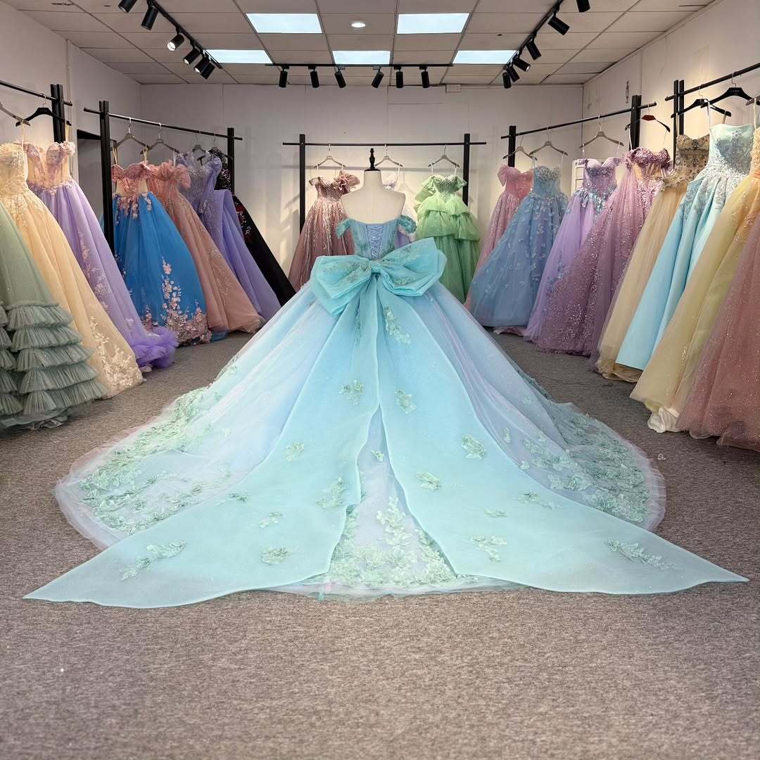 Charming A Line Off the Shoulder Light Blue Quinceanera Dress with Appliques Bowknot - View 7 | VelvetHem