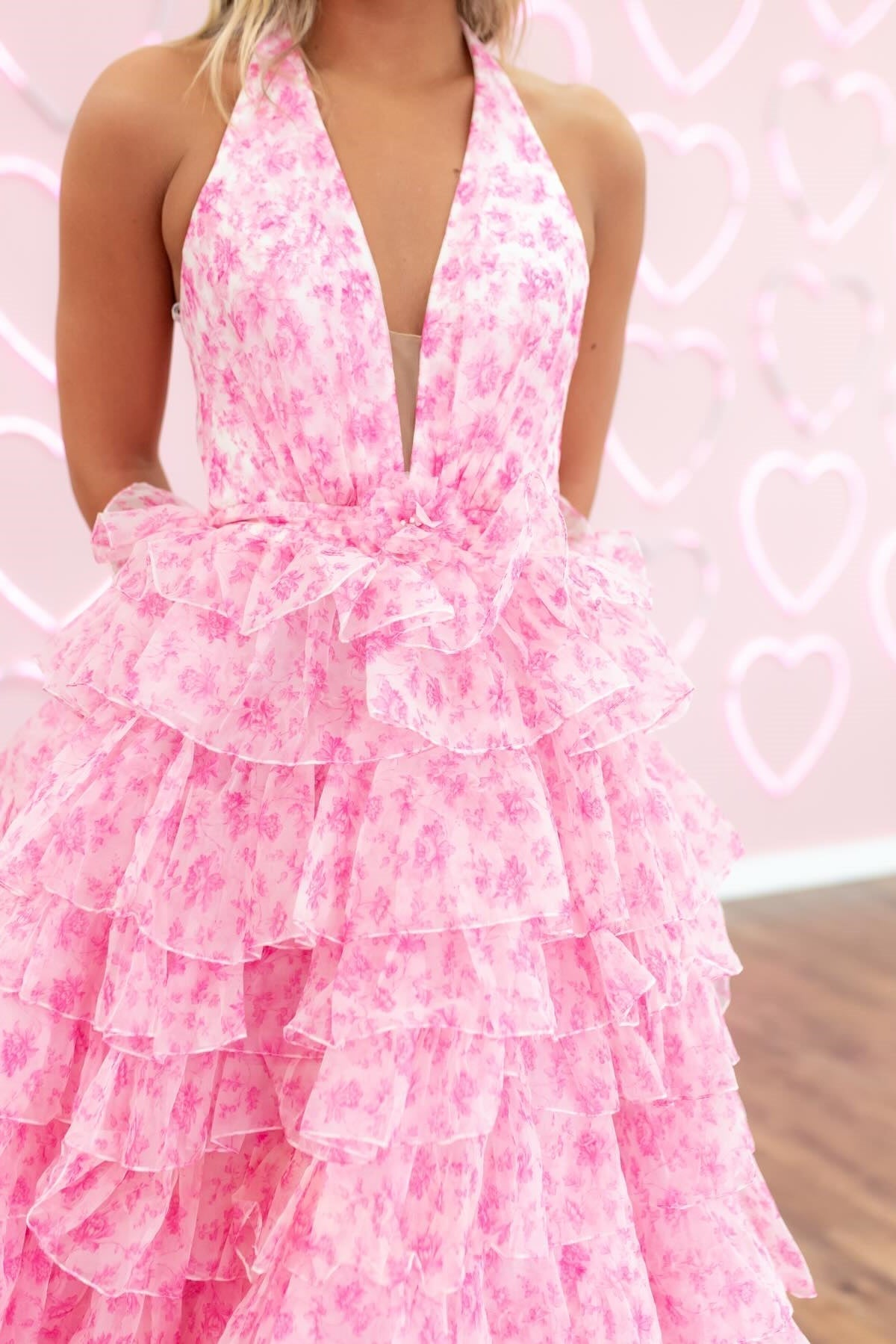 Charming A Line Halter Neck Pink Printed Long Prom Dress with Open Back