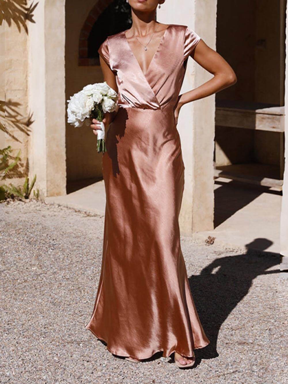 Spring Summer Satin Solid Color V - Neck Fishtail Party Dress