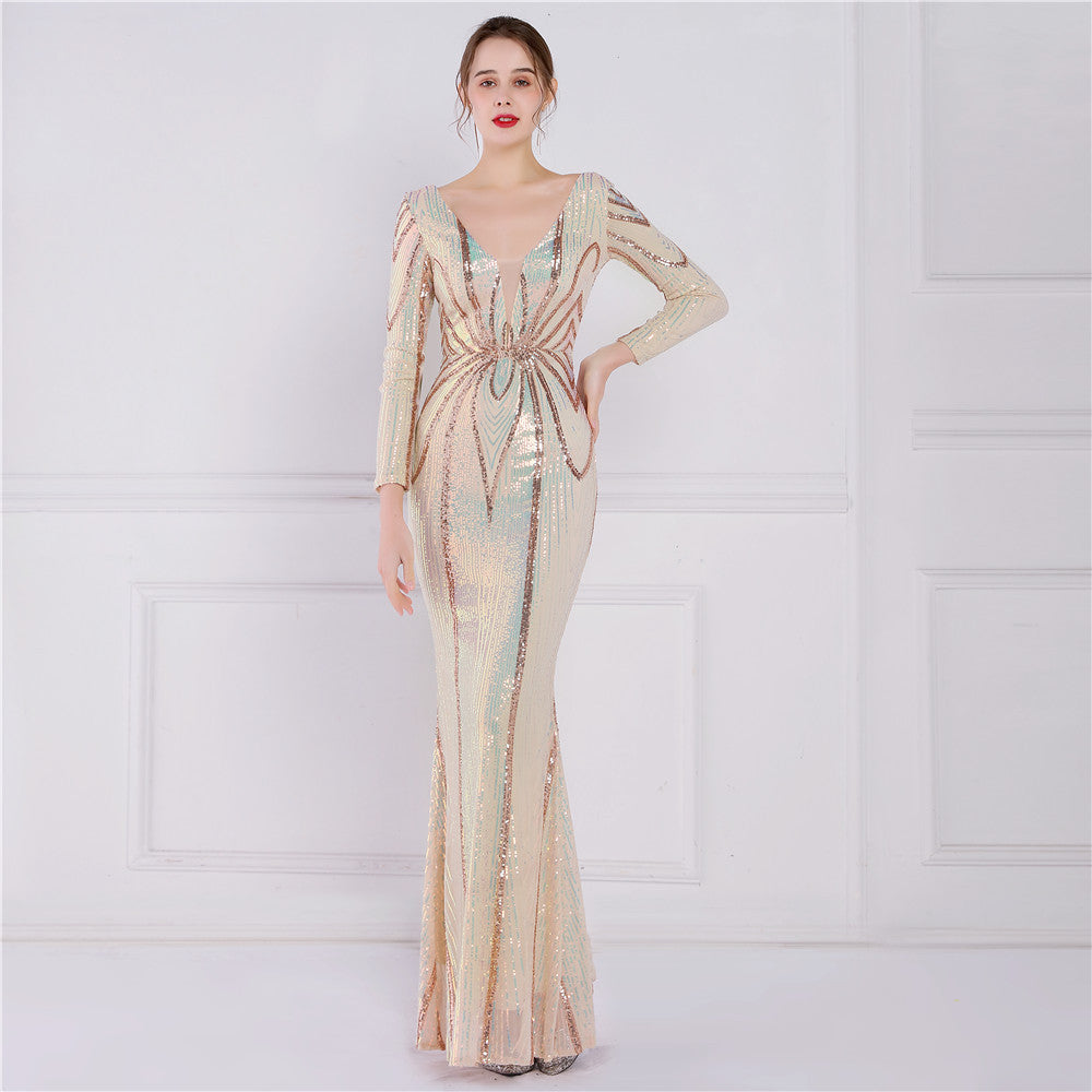 Positioning Floral Sequin Evening Dress Women Banquet Elegant Long Sleeve Sequined Queen Fishtail Dress - VelvetHem