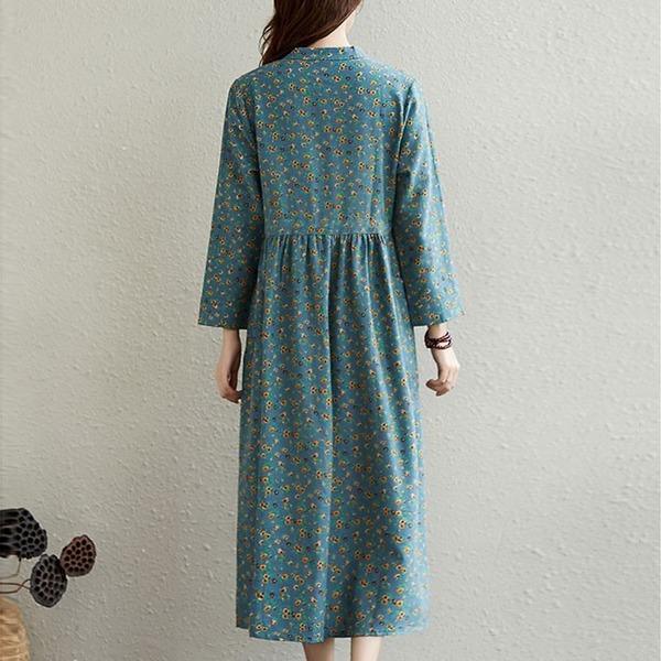Autumn Vintage Style Floral Print Stand Collar Loose Female Casual Dresses
