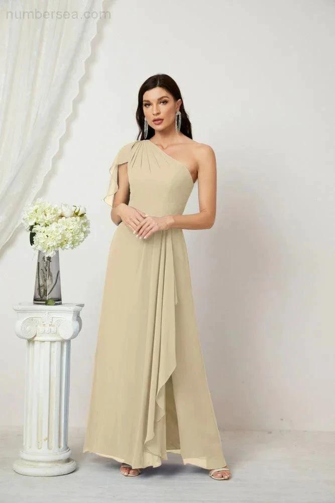 ZapDress  Chiffon Ruffled One Shoulder Long Bridesmaid Dresses A-line Formal Evening Gown Side Split 2809 (ZD17049)