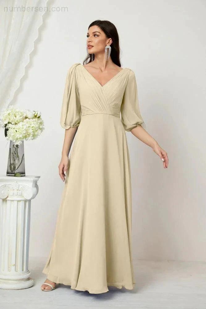 ZapDress  Formal Prom Gown Women V-Neck Chiffon Bridesmaid Dresses Long Bishop Sleeve Party Dress 2807 (ZD17027)
