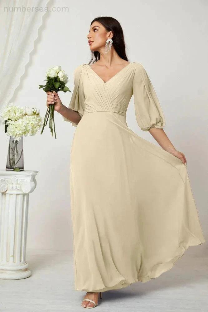 ZapDress  Formal Prom Gown Women V-Neck Chiffon Bridesmaid Dresses Long Bishop Sleeve Party Dress 2807 (ZD17027)