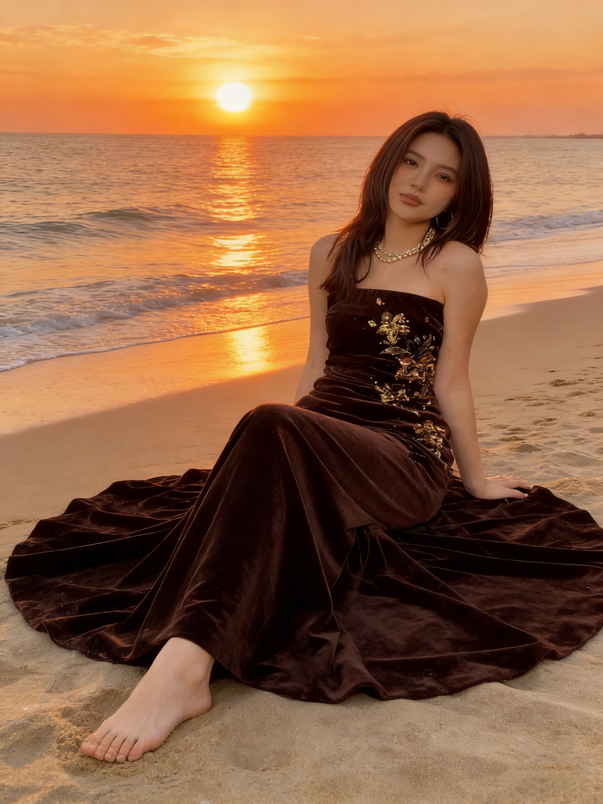 Vintage Strapless Brown Velvet Sequin Beaded Mermaid Party Dress Long Wedding Guest Dress - View 3 | VelvetHem