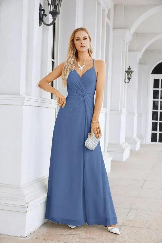 Ladies Chiffon Spaghetti Strap V Neck Front Slit Floor Length Bridesmaid Evening Dress Prom Party Wedding Evening Dress 28116 by numbersea