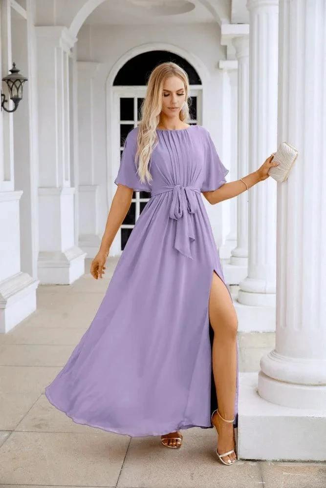 Ladies Chiffon Sleeve Crew Neck Front Slit Floor Length Bridesmaid Evening Dress Wedding Party Evening Dress 28124 by numbersea
