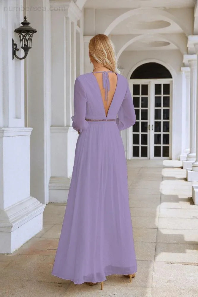 Ladies V Neck Chiffon Long Sleeve Front Slit Bridesmaid Evening Dress Wedding Party Shopping Evening Dress 28109 (ZD16991)