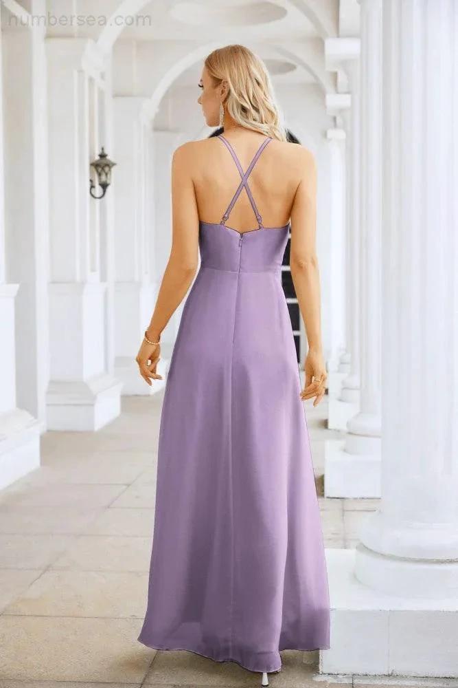 Ladies Chiffon Spaghetti Strap V Neck Front Slit Floor Length Bridesmaid Evening Dress Prom Party Wedding Evening Dress 28116 (ZD17012)
