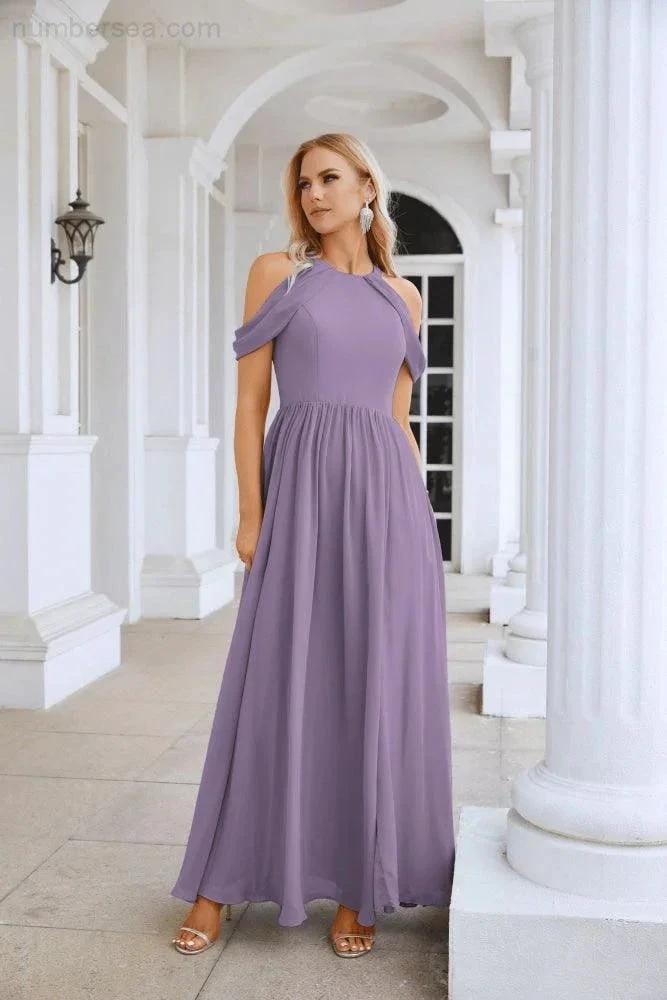 Ladies Chiffon Off Shoulder Swing Sleeve Front Slit Bridesmaid Evening Dress Wedding Party Evening Dress 28117 (ZD17011)