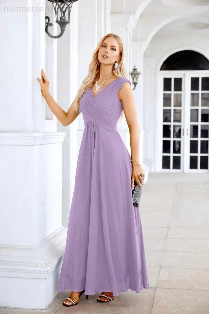 Ladies Chiffon V Neck Sleeveless Floor Length Bridesmaid Evening Dress Wedding Party Evening Dress 28126 (ZD16989)