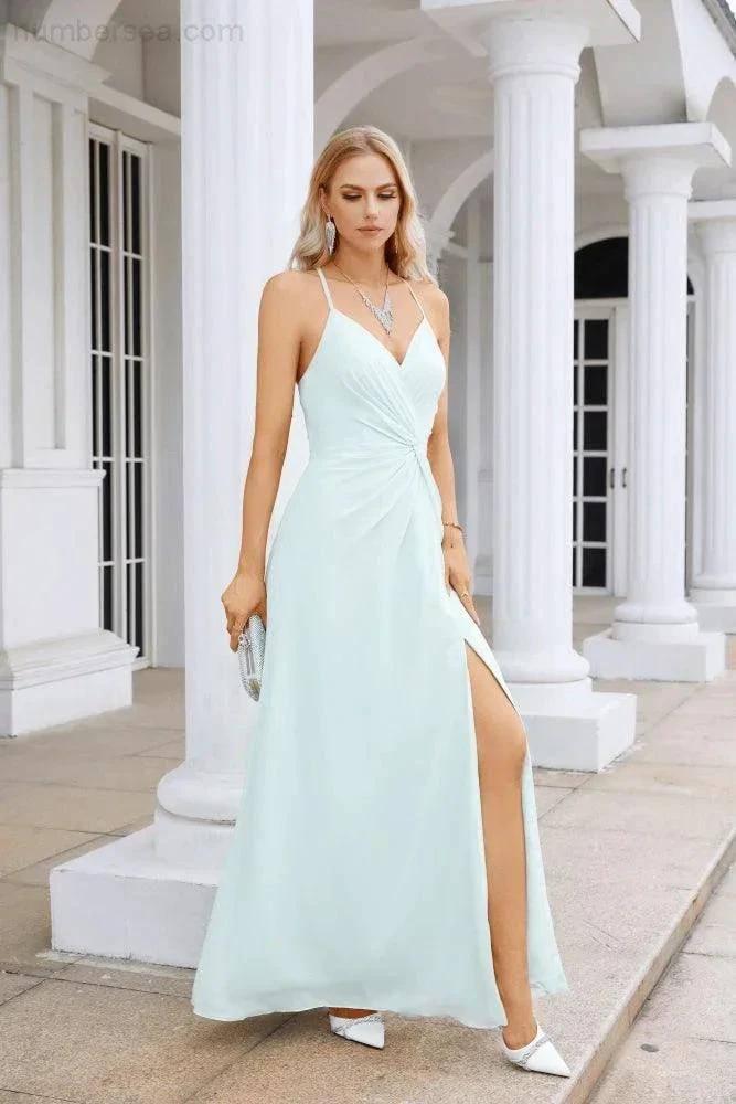 Ladies Chiffon Spaghetti Strap V Neck Front Slit Floor Length Bridesmaid Evening Dress Prom Party Wedding Evening Dress 28116 (ZD17012)