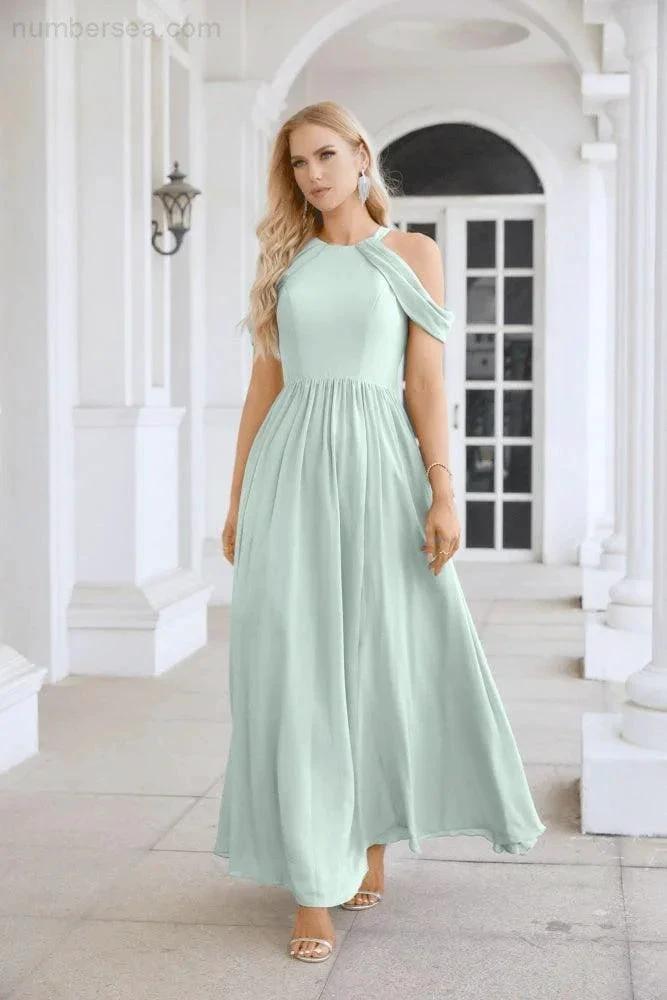 Ladies Chiffon Off Shoulder Swing Sleeve Front Slit Bridesmaid Evening Dress Wedding Party Evening Dress 28117 (ZD17011)