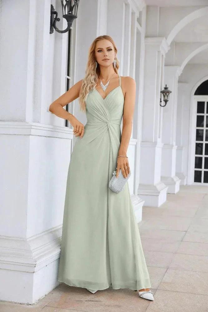 Ladies Chiffon Spaghetti Strap V Neck Front Slit Floor Length Bridesmaid Evening Dress Prom Party Wedding Evening Dress 28116 by numbersea