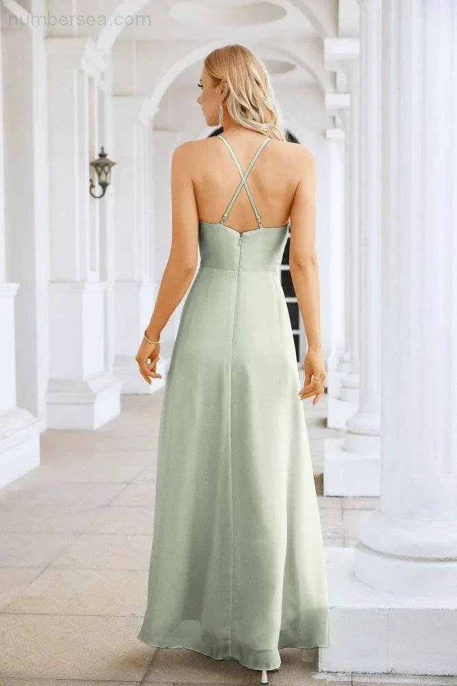 Ladies Chiffon Spaghetti Strap V Neck Front Slit Floor Length Bridesmaid Evening Dress Prom Party Wedding Evening Dress 28116 (ZD17012)