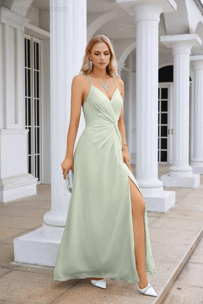 Ladies Chiffon Spaghetti Strap V Neck Front Slit Floor Length Bridesmaid Evening Dress Prom Party Wedding Evening Dress 28116 (ZD17012)