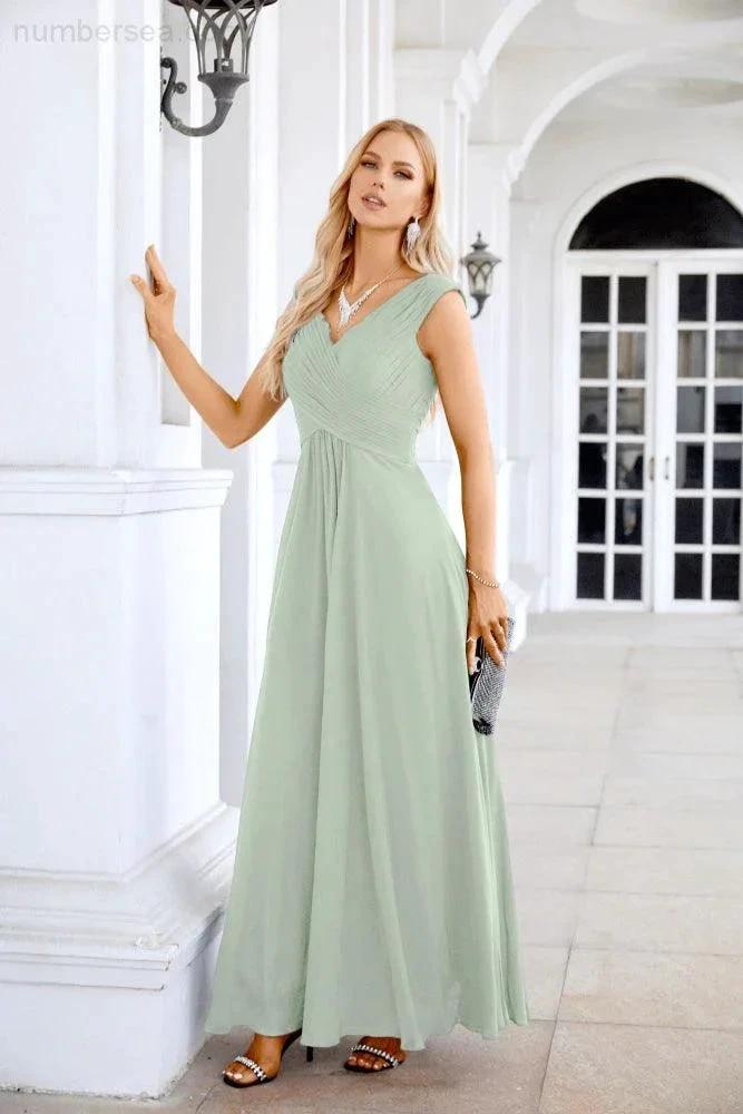 Ladies Chiffon V Neck Sleeveless Floor Length Bridesmaid Evening Dress Wedding Party Evening Dress 28126 (ZD16989)