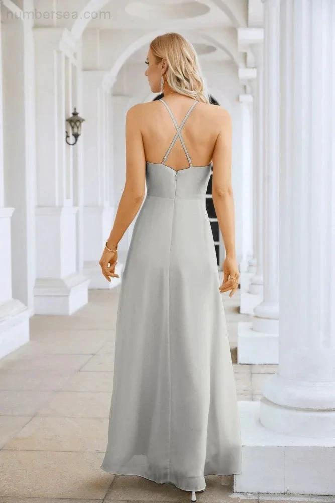 Ladies Chiffon Spaghetti Strap V Neck Front Slit Floor Length Bridesmaid Evening Dress Prom Party Wedding Evening Dress 28116 (ZD17012)