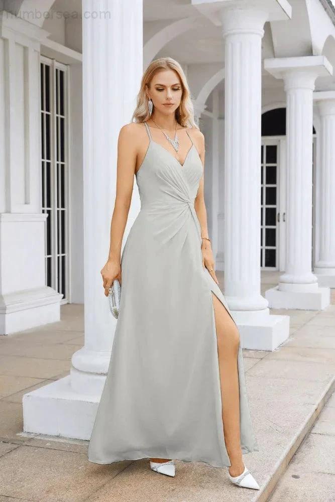 Ladies Chiffon Spaghetti Strap V Neck Front Slit Floor Length Bridesmaid Evening Dress Prom Party Wedding Evening Dress 28116 (ZD17012)