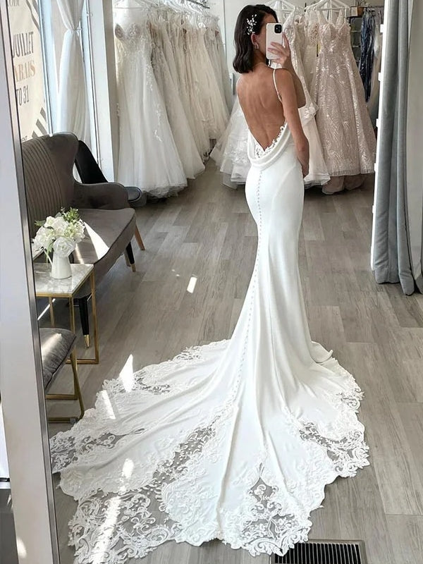 Spaghetti Strap V-Neck Satin Mermaid Wedding Dress Cowl Low Back With Lace Hem Train