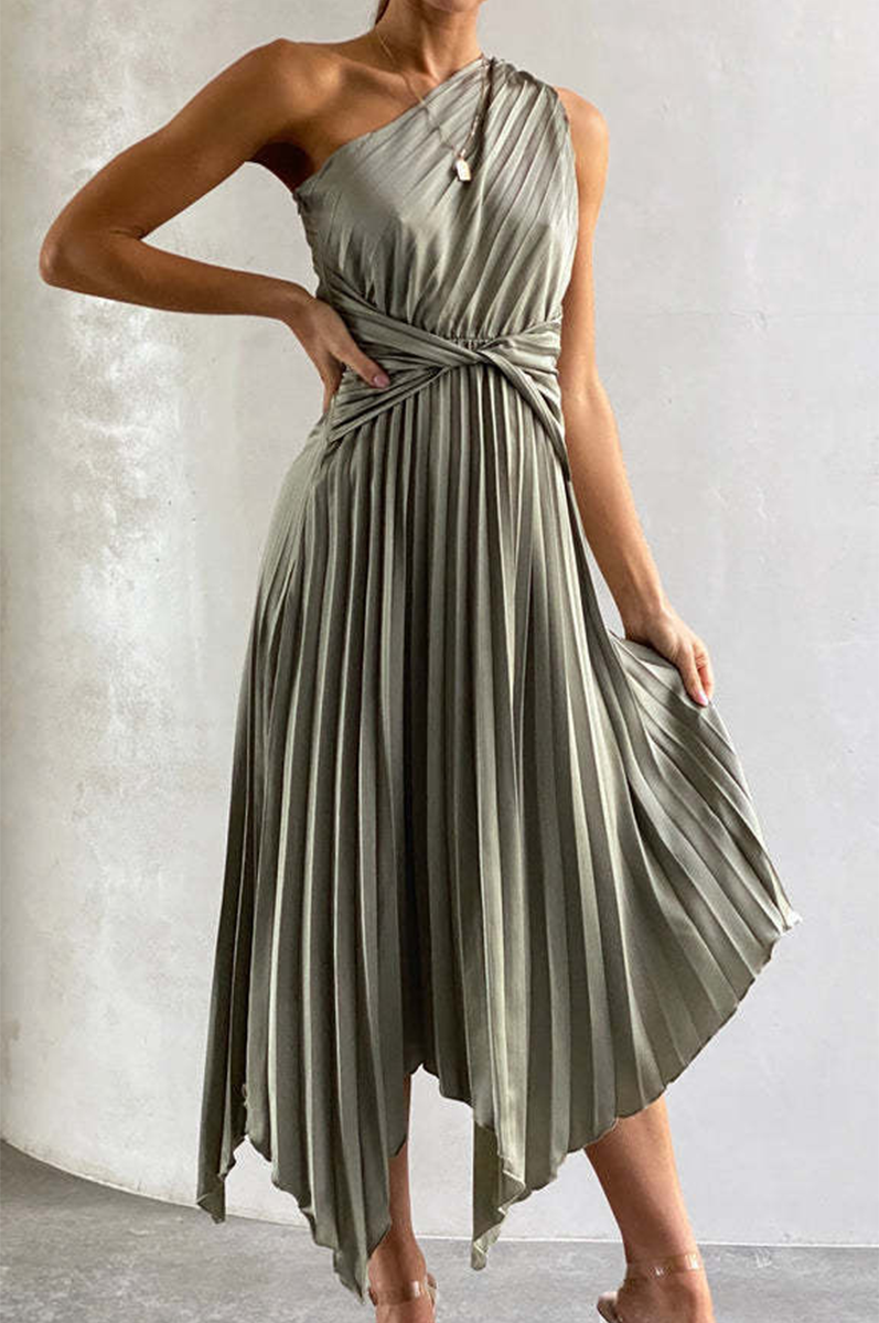 Claudia Statement One Shoulder Pleated Midi Dress Chic Silhouette Collection