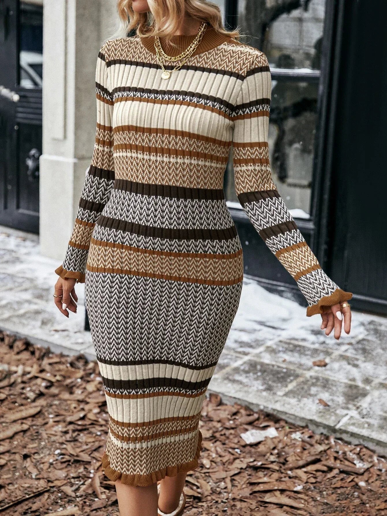 Ursula Effortless Ahri Women's Bodycon Knit Dress with Striped Pattern Boutique Collection