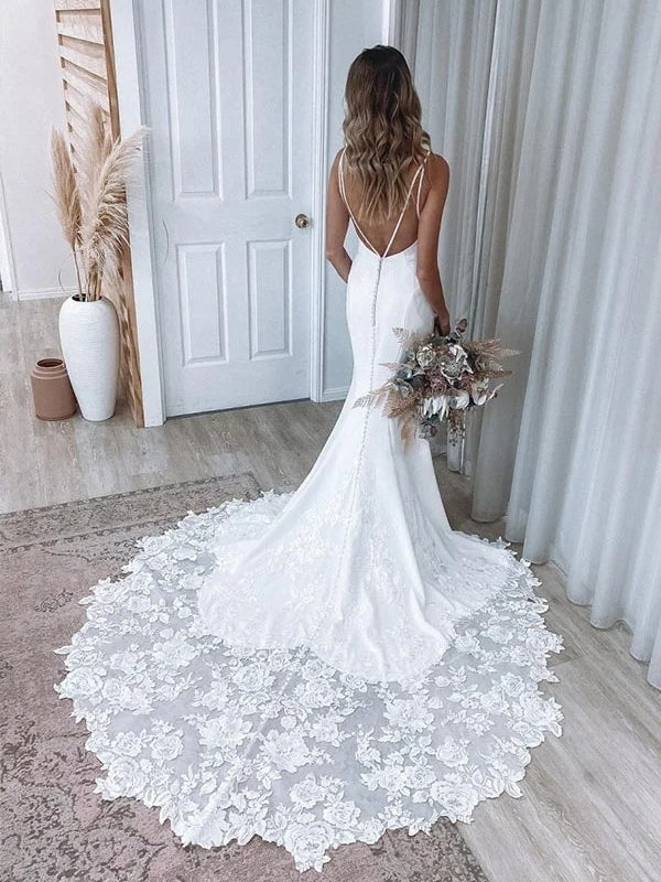 Simple Deep V Neck Spaghetti Strap Wedding Dress Lace Trimmed Cathedral Train