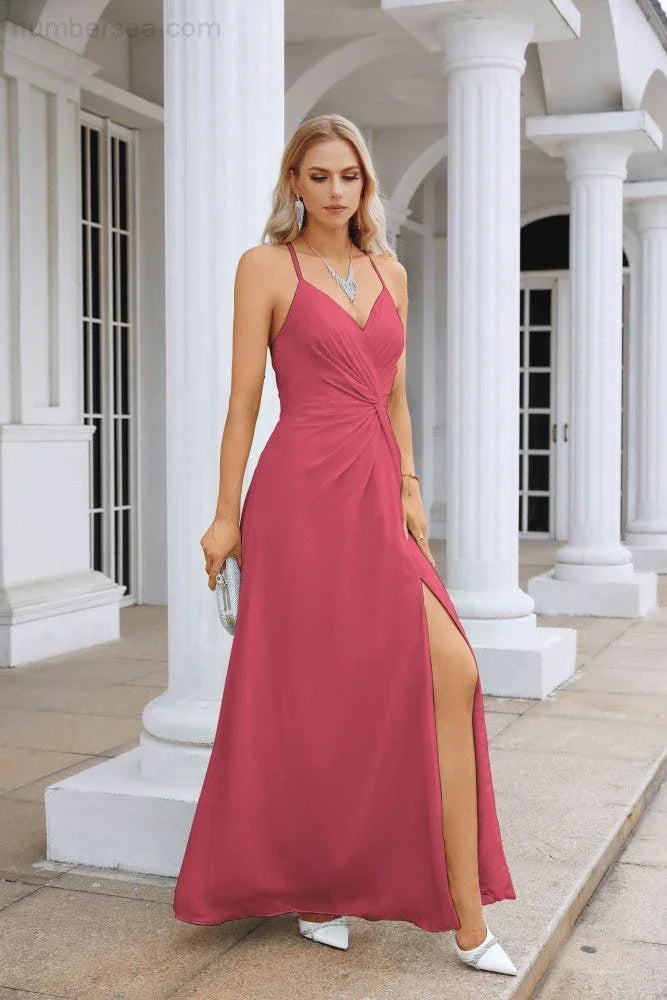 Ladies Chiffon Spaghetti Strap V Neck Front Slit Floor Length Bridesmaid Evening Dress Prom Party Wedding Evening Dress 28116 (ZD17012)