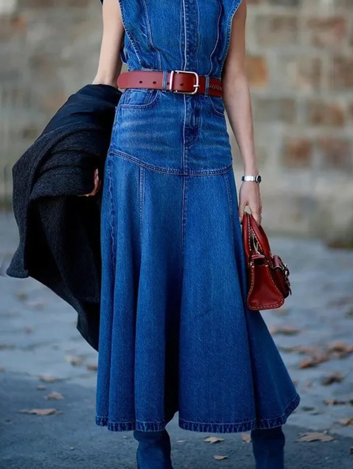 Stylish Plain Crew Neck Cap Sleeve Spliced Denim Midi Dress