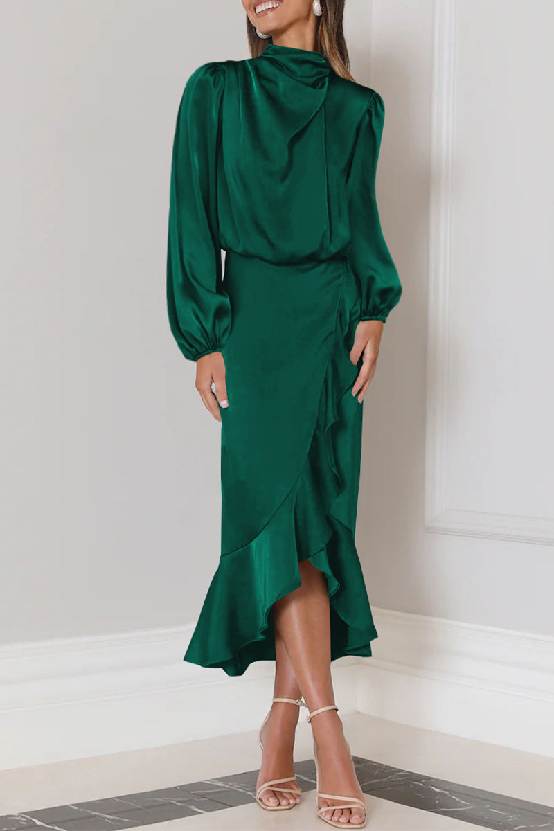 Angelina Elevated Long Sleeved Midi Dress with Ruffles and a High Neck Evening Wear Edit