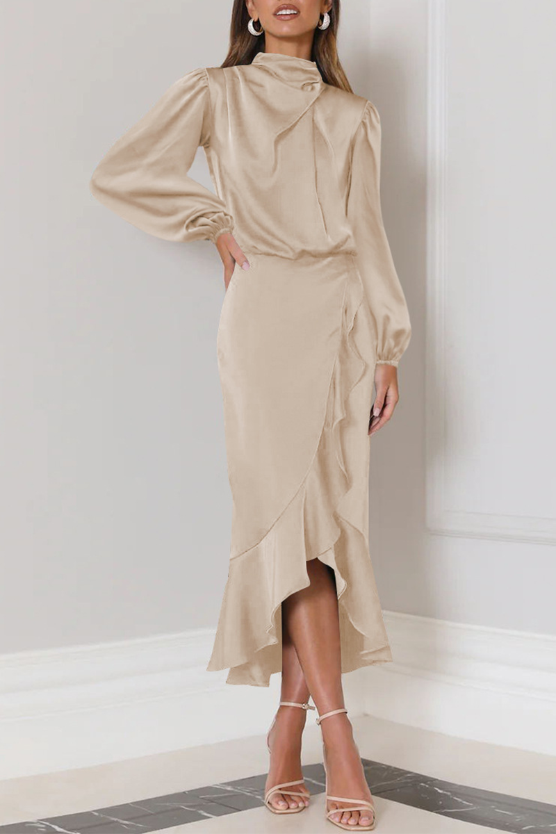 Angelina Elevated Long Sleeved Midi Dress with Ruffles and a High Neck Evening Wear Edit