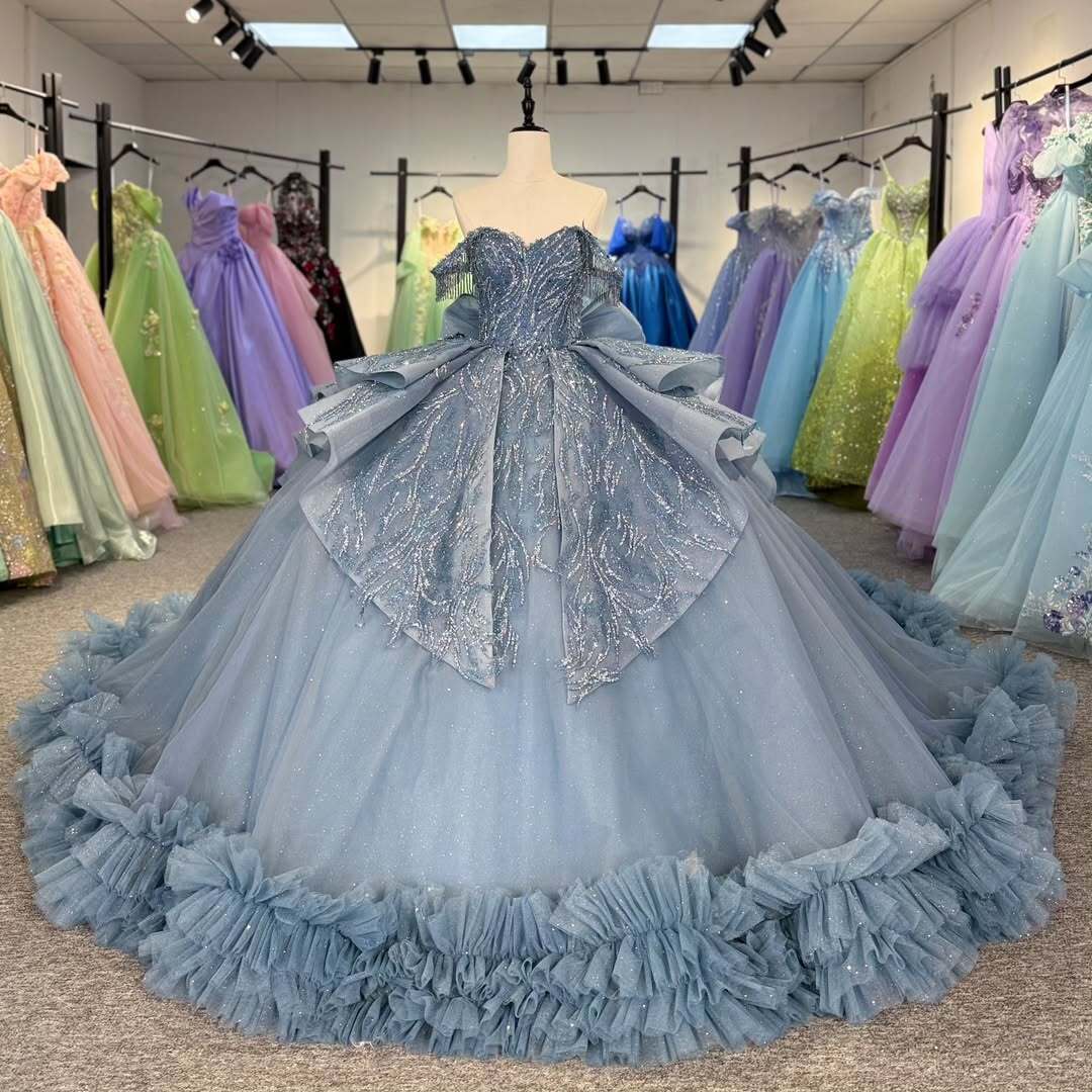 Beautiful A Line Off the Shoulder Grey Blue Ball Gown Quinceanera Dress with Beading Bowknot - View 3 | VelvetHem