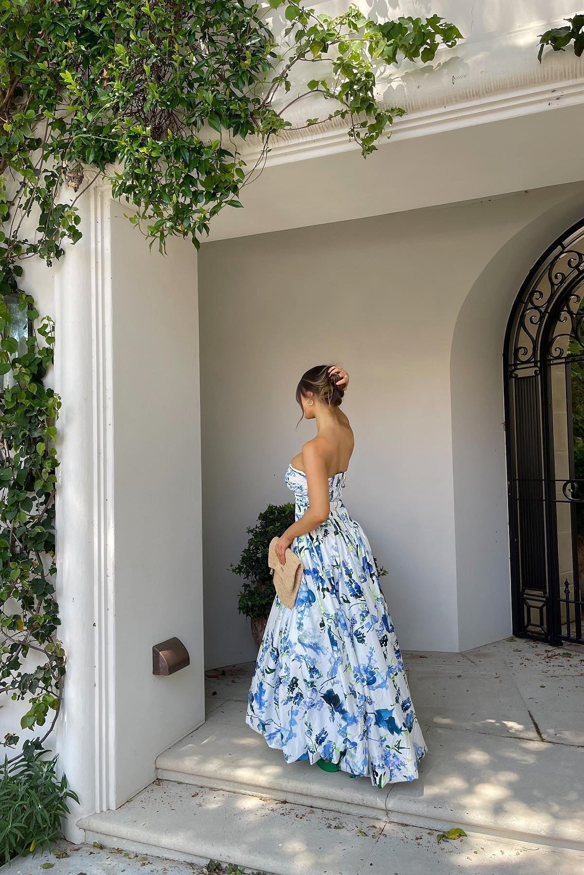 Princess A Line Strapless Blue Printed High-Low Party Dress with Ruffles