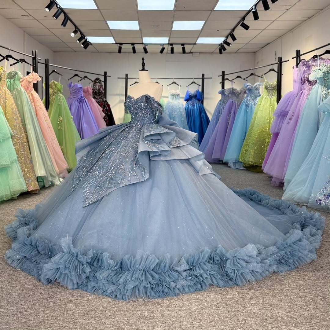 Beautiful A Line Off the Shoulder Grey Blue Ball Gown Quinceanera Dress with Beading Bowknot - View 6 | VelvetHem