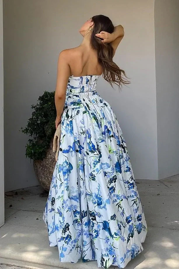 Princess A Line Strapless Blue Printed High-Low Party Dress with Ruffles