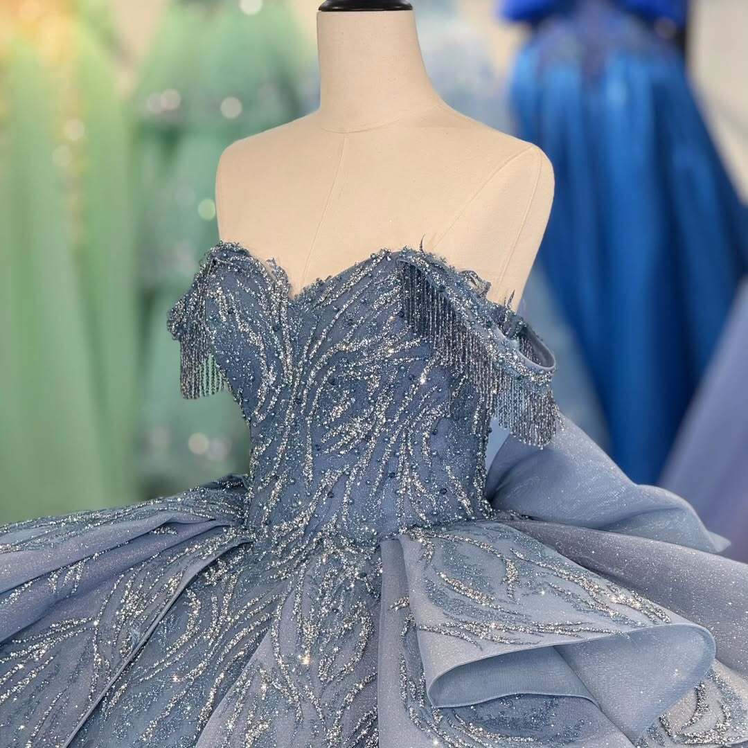 Beautiful A Line Off the Shoulder Grey Blue Ball Gown Quinceanera Dress with Beading Bowknot - View 4 | VelvetHem