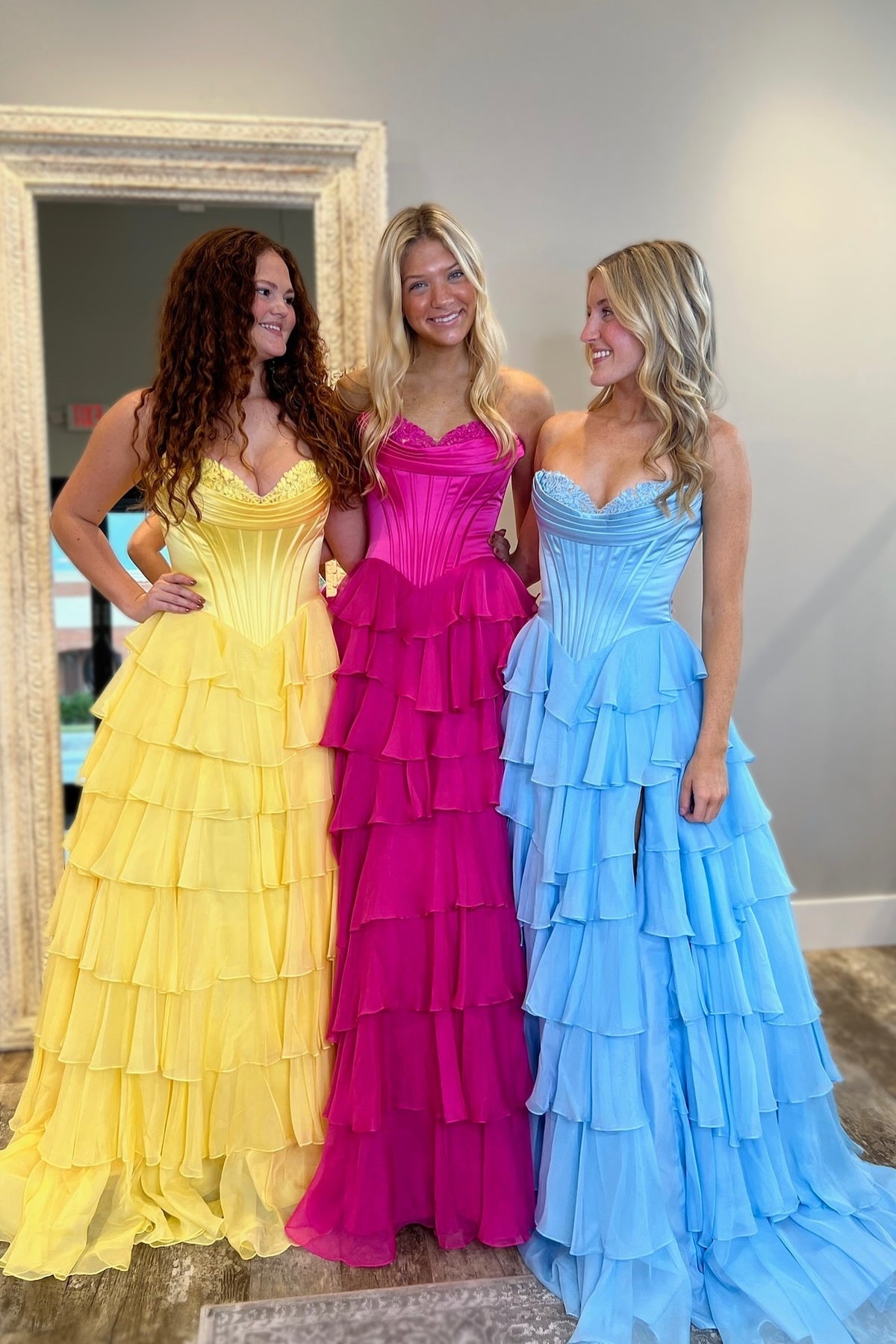 Stunning A-Line Sweetheart Satin Top Long Tiered Chiffon Prom Dress with Slit