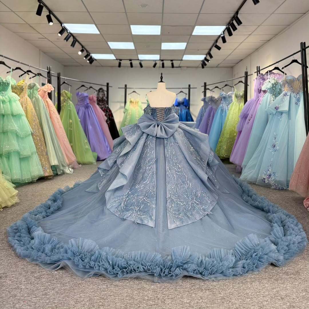 Beautiful A Line Off the Shoulder Grey Blue Ball Gown Quinceanera Dress with Beading Bowknot - View 7 | VelvetHem