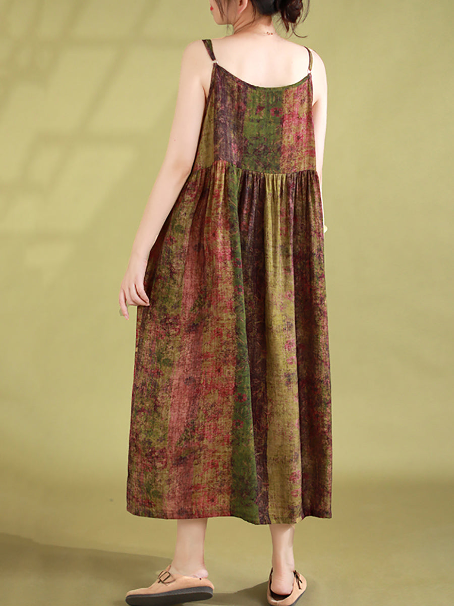 Women Summer Vintage Floral Pleated Loose Dress Sleeveless
