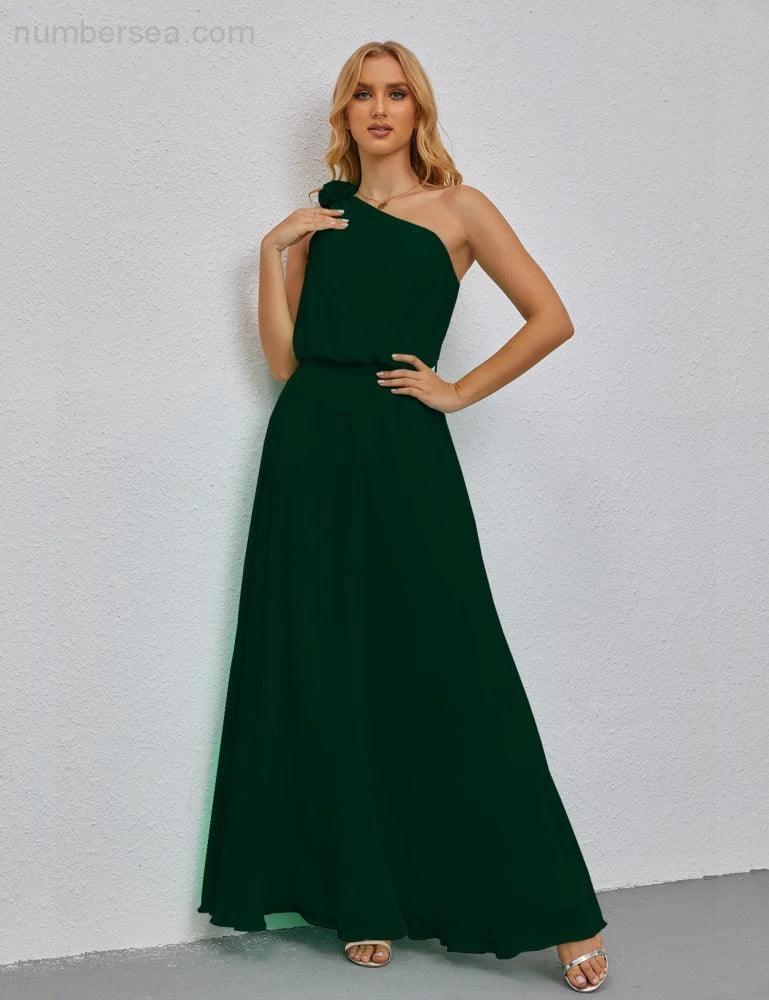 Ruffled One Shoulder Sleeveless Long Bridesmaid Dresses A-line Formal Evening Gown Side Split 28080 (ZD17018)