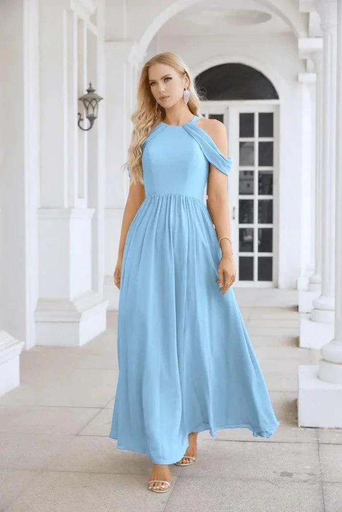 Ladies Chiffon Off Shoulder Swing Sleeve Front Slit Bridesmaid Evening Dress Wedding Party Evening Dress 28117 by numbersea