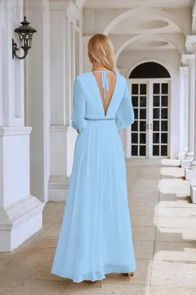 Ladies V Neck Chiffon Long Sleeve Front Slit Bridesmaid Evening Dress Wedding Party Shopping Evening Dress 28109 (ZD16991)
