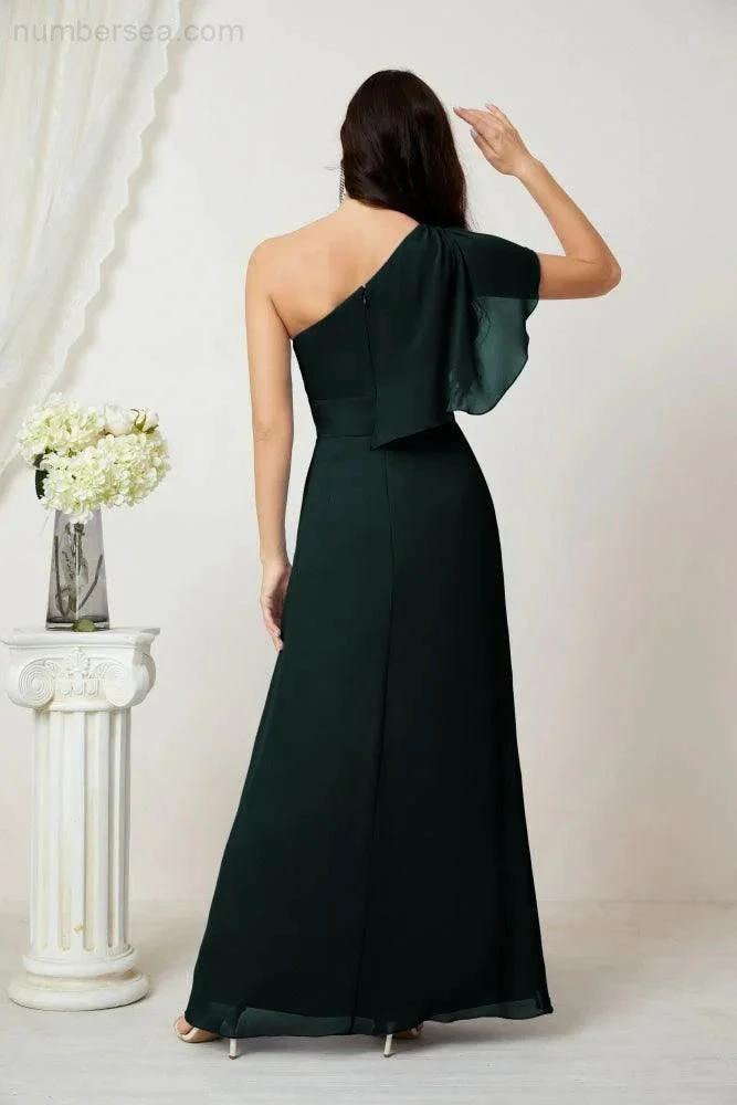 ZapDress  Chiffon Ruffled One Shoulder Long Bridesmaid Dresses A-line Formal Evening Gown Side Split 2809 (ZD17049)