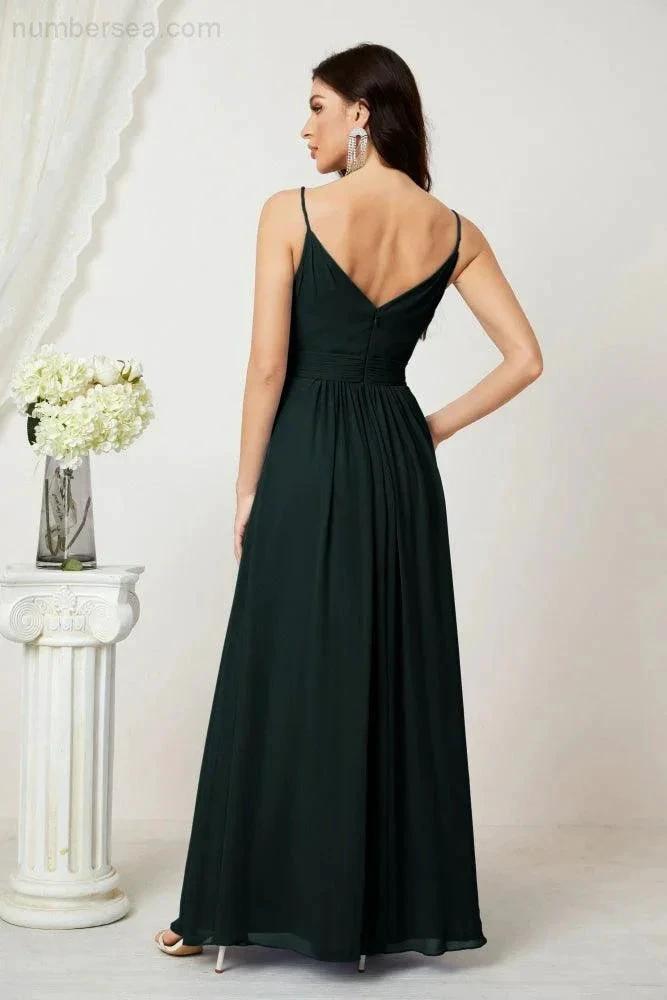 ZapDress Chiffon V-Neck Bridesmaid Dress Spaghetti Strap Long Formal Party Prom Gowns with Slit 28010 (ZD17028)