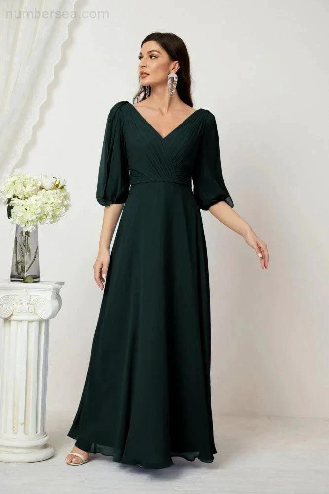 ZapDress  Formal Prom Gown Women V-Neck Chiffon Bridesmaid Dresses Long Bishop Sleeve Party Dress 2807 (ZD17027)