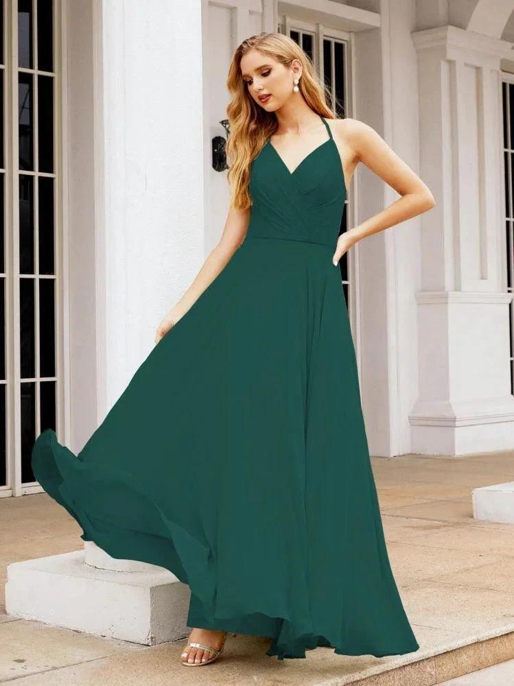 Numbersea Halter Chiffon Bridesmaid Dresses Wedding Appare Sleeveless Formal Prom Dress with Ruffled Back 28035 by numbersea
