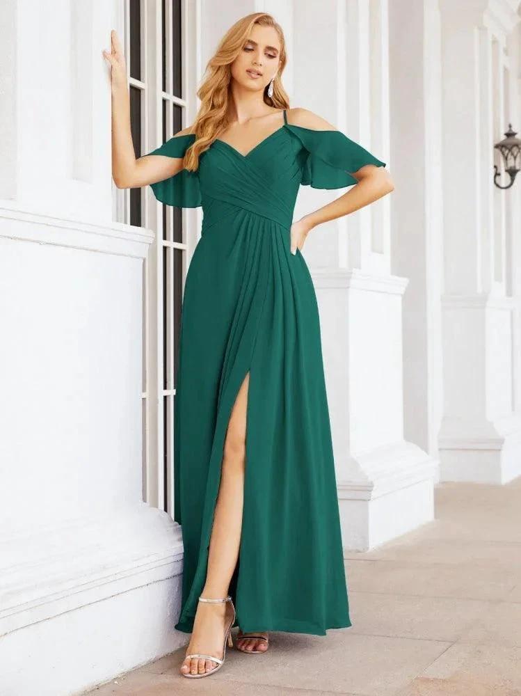 Numbersea Cold Shoulder Long Bridesmaid Dresses Side Slit Formal Prom Gowns Party Wedding 28070 by numbersea