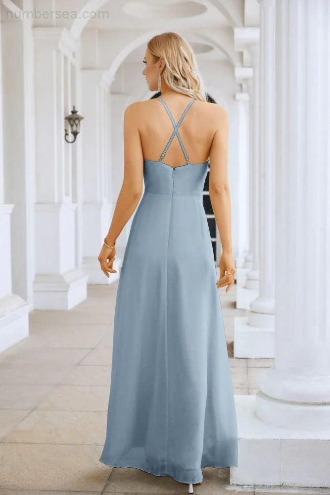Ladies Chiffon Spaghetti Strap V Neck Front Slit Floor Length Bridesmaid Evening Dress Prom Party Wedding Evening Dress 28116 (ZD17012)