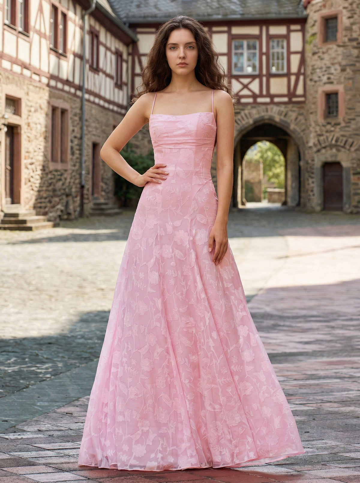 A-Line Fit Pink Floral Formal Dress | Minimalist A-Line Gown for Bridesmaids & Prom