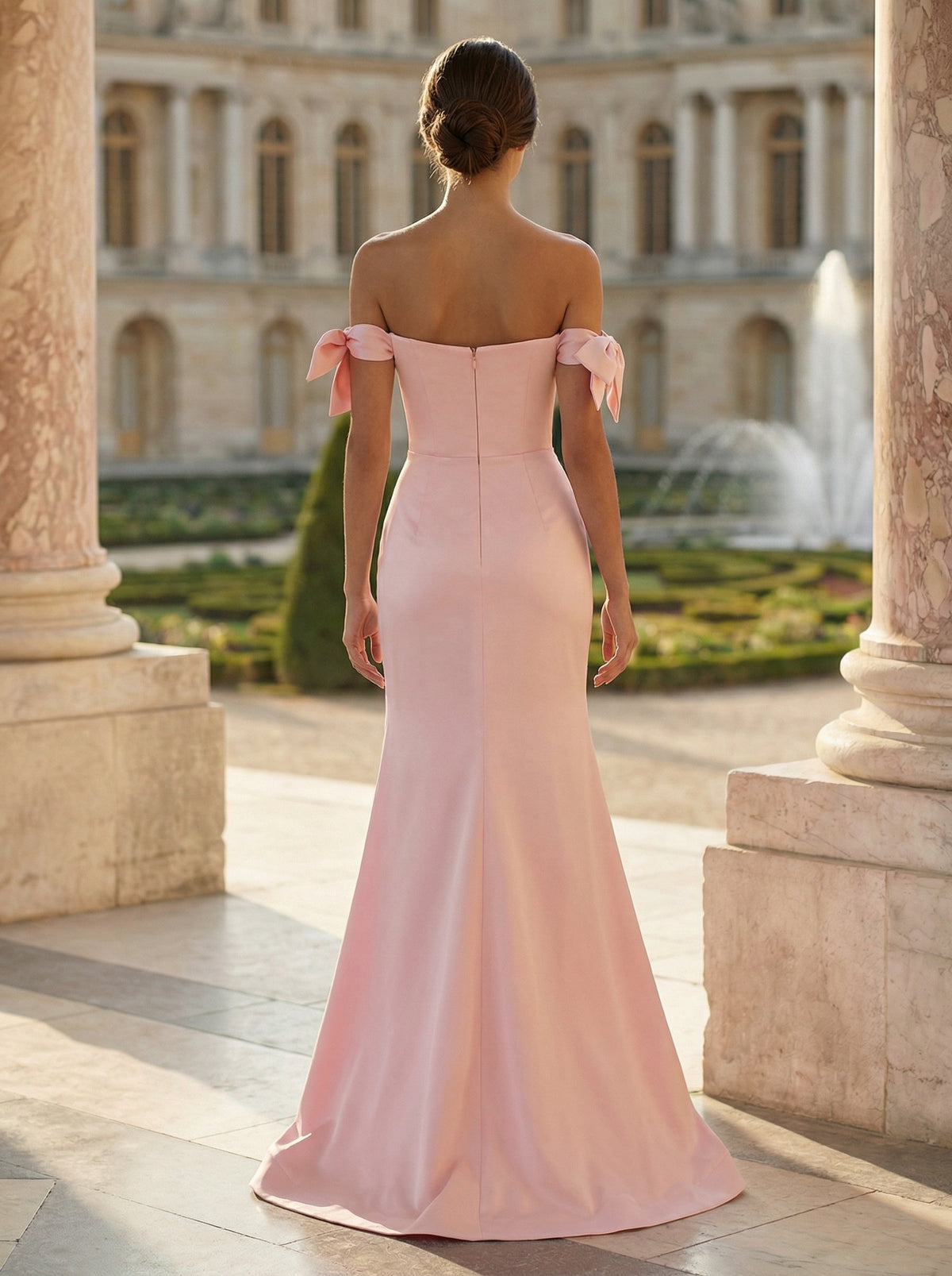 Blush Pink Strapless Satin Prom Dress | Bow Detail Mermaid Gown with High Slit